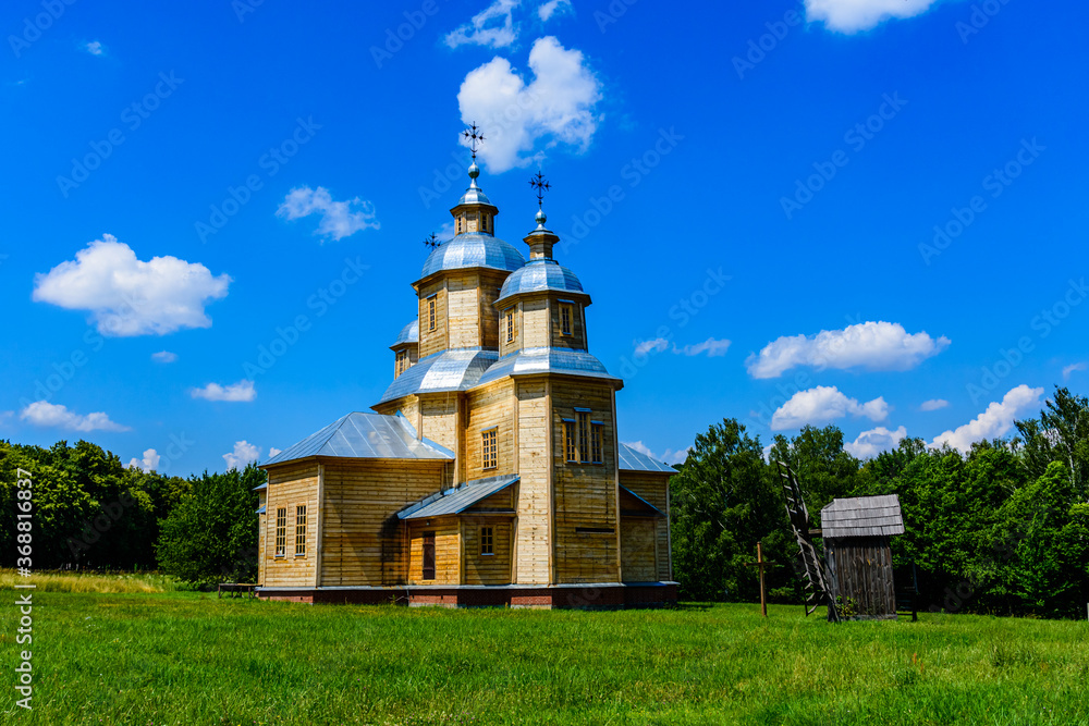 Reconstructed ancient wooden church in a Pirogovo in Kiev, Ukraine