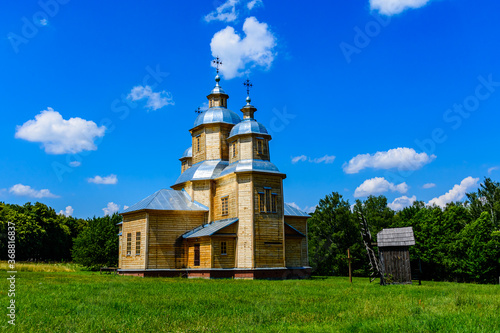Reconstructed ancient wooden church in a Pirogovo in Kiev, Ukraine