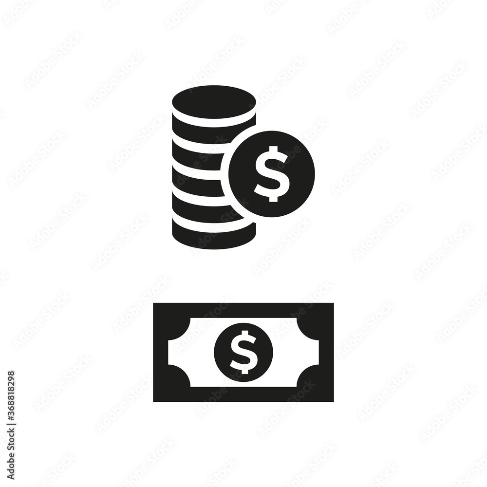 Money and coins icon on white background. Money and coins icon on white background.