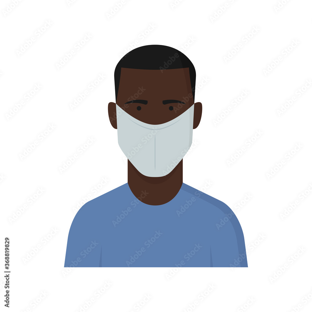 Coronavirus. Persona con mascarilla. Detener el coronavirus. Raza africana o africano. Proteger la salud. Concepto de cuarentena, pandemia y epidemia. Hombre con máscara médica. Contaminación del aire