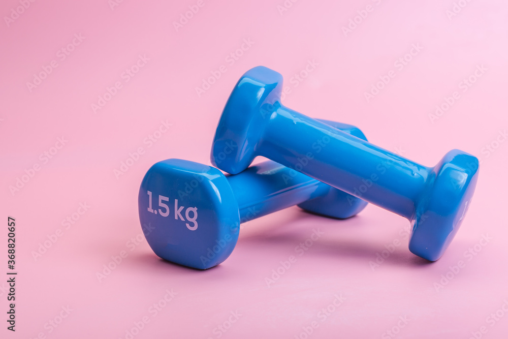 A pair of blue dumbbells on a pink background A pair of blue dumbbells on a pink background