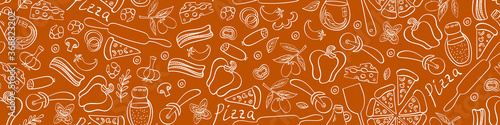 Pizza with ingredients and supplies hand drawn seamless border. Food doodles on brown background. Vector illustration.