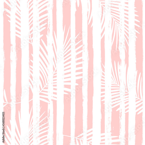 Tropical pattern, palm leaves seamless vector floral background. Exotic plant on stripes. spring nature jungle print. Leaves of palm tree on paint lines. ink brush strokes. pink girly pattern.