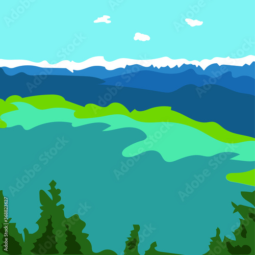 Vector drawing of a beautiful blue lake in the mountains in a flat style.