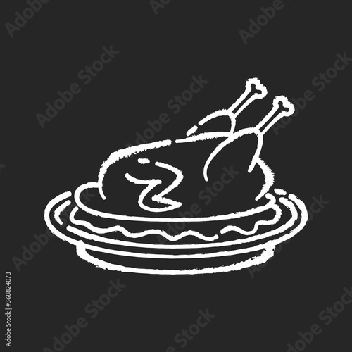 Peking duck chalk white icon on black background. Whole roasted chicken with gravy for thanksgiving. Beijing traditional dish recipe. Cooked poultry meat. Isolated vector chalkboard illustration