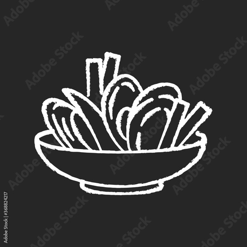 Moules frites chalk white icon on black background. Traditional mussels and chips. French national meal. Brussel culinary. European cuisine recipe. Isolated vector chalkboard illustration