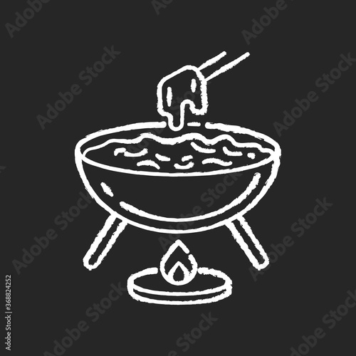 Cheese fondue chalk white icon on black background. French fast food. Traditional european meal. Dunk piece in pot. National swiss liquid dish. Isolated vector chalkboard illustration