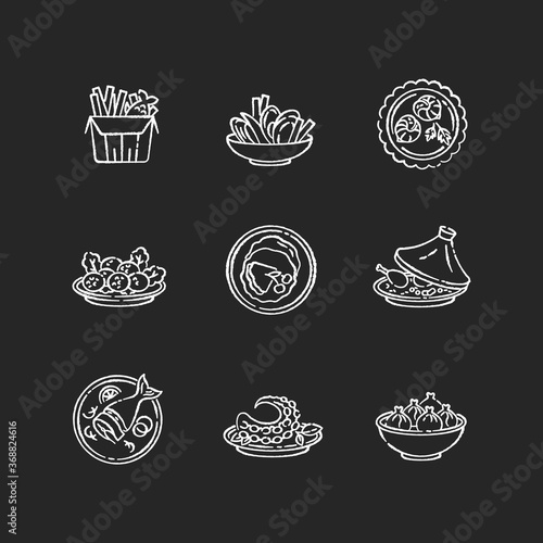 Restaurant dishes chalk white icons set on black background. Fish and chips. Moules frites. French crepe. Soused herring. Asian seafood. Khinkali meal. Isolated vector chalkboard illustrations
