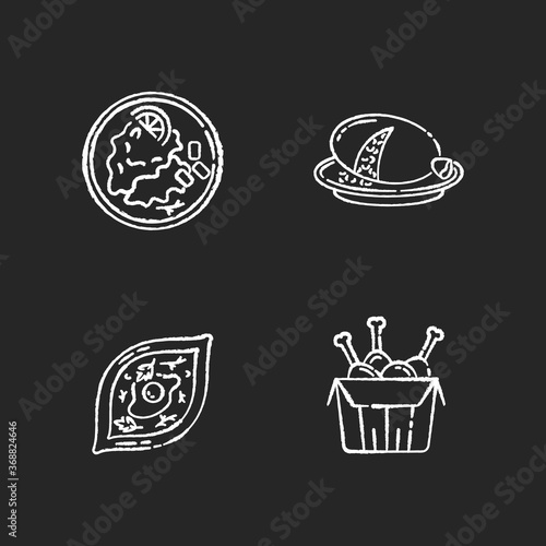 Fast food chalk white icons set on black background. Scottish haggis. Wiener schnitzel. Georgian khachapuri. Tandoori chicken. Fried junk food. Isolated vector chalkboard illustrations