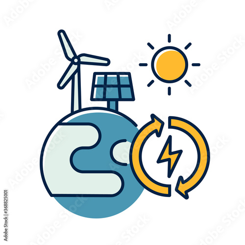 Renewable energy RGB color icon. Alternative power generation sources. Environment protection. Planet with solar panel and wind turbine isolated vector illustration