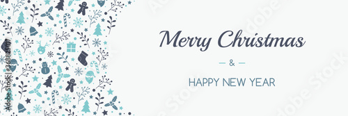 Christmas banner with festive icons. Concept of Xmas decoration. Vector