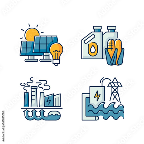 Alternative energy RGB color icons set. Solar panels, geothermal power plant, hydroelectric station and biofuel. Renewable energy. Isolated vector illustrations
