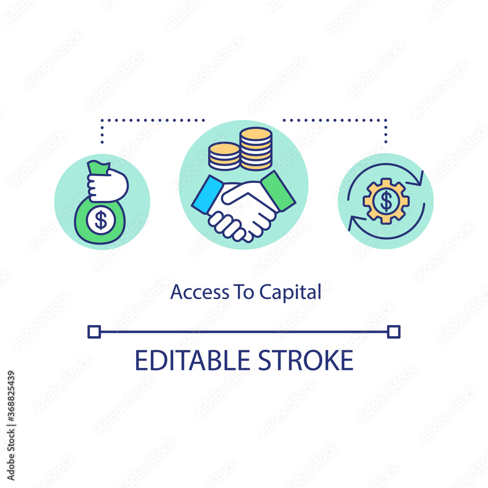 Access to capital concept icon. Corporate fund. Handshake for fair deal. Commercial income. Business capital idea thin line illustration. Vector isolated outline RGB color drawing. Editable stroke Access to capital concept icon. Corporate fund. Handshake for fair deal. Commercial income. Business capital idea thin line illustration. Vector isolated outline RGB color drawing. Editable stroke