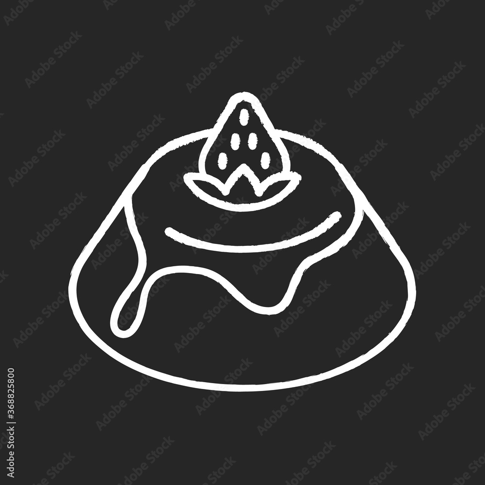 Panna Cotta chalk white icon on black background. Italian pudding with strawberry sauce. Traditional Italian desserts. European cuisine and sweets. Isolated vector chalkboard illustration