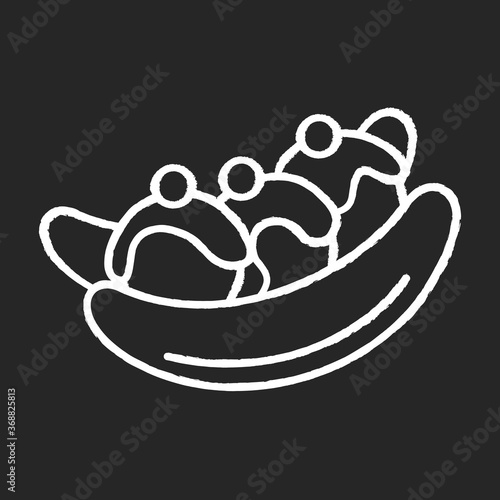 Banana split chalk white icon on black background. Ice cream based dessert with banana and cherries. National American cuisine. World desserts. Isolated vector chalkboard illustration