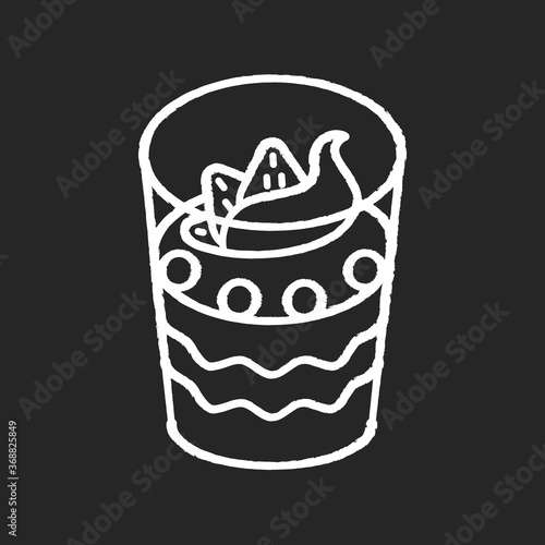 Parfait chalk white icon on black background. Yogurt based frozen dessert. Sweet breakfast. National French sweets. Traditional cuisine of France. Isolated vector chalkboard illustration
