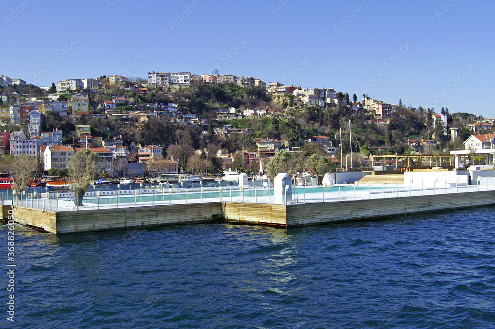 Two swimming-pools near bank in Istanbul, Turkey