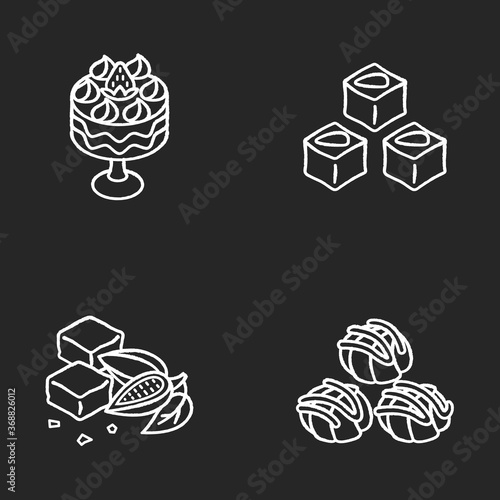 Traditional sweets chalk white icons set on black background. Profiteroles. Classic brownies. Turkish delight. Trifle with strawberries. English dessert. Isolated vector chalkboard illustrations