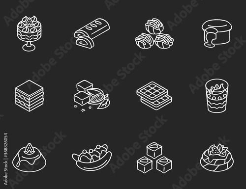 World famous desserts chalk white icons set on black background. Traditional sweets. Turkish delight. Chocolate lava cake. Brownies. Tiramisu. Isolated vector chalkboard illustrations