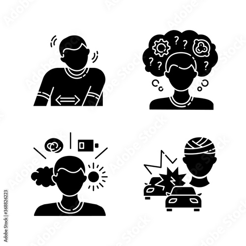 Mental problem black glyph icons set on white space. Tourette syndrom. Repetitive movement in patient. Psychological disorder. Mood swing. Silhouette symbols. Vector isolated illustration