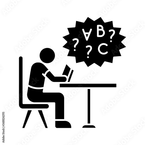 Dyslexia black glyph icon. Difficulty with reading book. Chronic disorder for intelligence. Child with problem in education. Silhouette symbol on white space. Vector isolated illustration