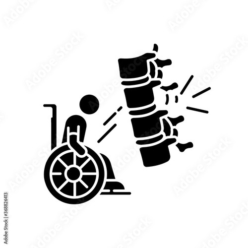 Spine injury black glyph icon. Fractured vertebrae. Handicapped patient in wheelchair. Healthcare problem. Injury rehab. Damaged Silhouette symbol on white space. Vector isolated illustration