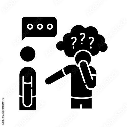 Asperger syndrome black glyph icon. Difficulty with communication. Man with disorder. Autistic spectrum symptom. Speech impairment. Silhouette symbol on white space. Vector isolated illustration