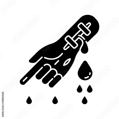 Hemophilia black glyph icon. Damaged hand with flow of blood. First aid for emergency. Medical problem. Health care. Donor in hospital. Silhouette symbol on white space. Vector isolated illustration