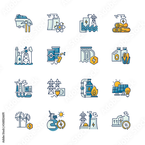 Energy industry RGB color icons set. Electricity manufacturing technologies and modern facilities. Different power generation plants. Isolated vector illustrationsы