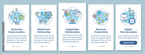 Responsible business onboarding mobile app page screen with concepts. Sustainable production walkthrough 5 steps graphic instructions. UI vector template with RGB color illustrations