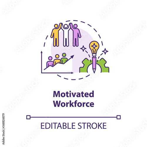 Motivated workforce concept icon. Employee encouragement. Staff performance. Personnel motivation idea thin line illustration. Vector isolated outline RGB color drawing. Editable stroke