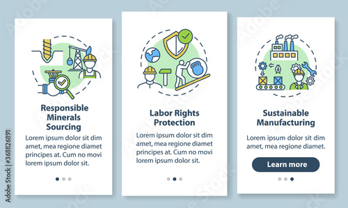 Sustainable manufacture onboarding mobile app page screen with concepts. Responsible corporation walkthrough 3 steps graphic instructions. UI vector template with RGB color illustrations