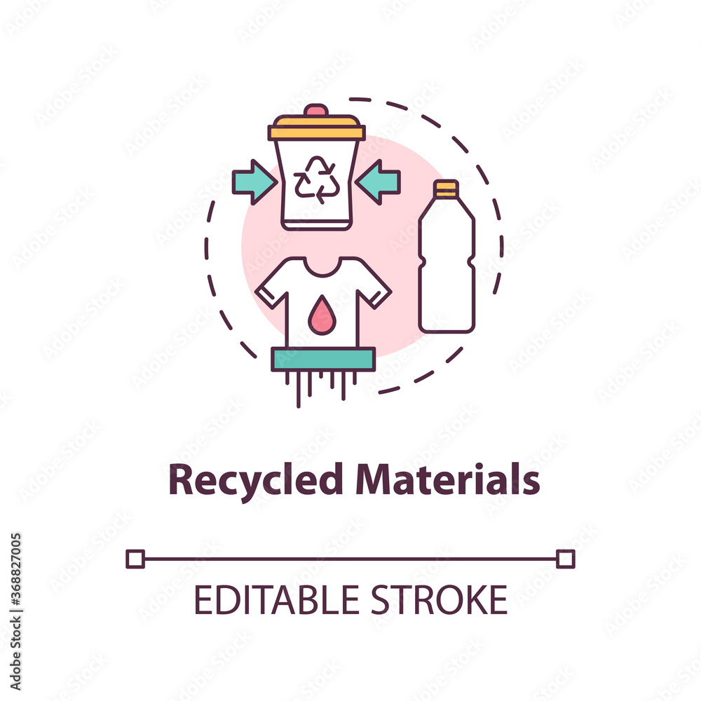 Recycled materials concept icon. Produce supply from plastic. Conscious consumption. Ecological production idea thin line illustration. Vector isolated outline RGB color drawing. Editable stroke