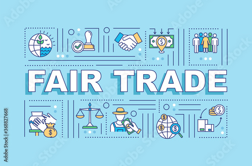 Fair trade word concepts banner. Ethical manufacture. Sustainable production. Infographics with linear icons on blue background. Isolated typography. Vector outline RGB color illustration