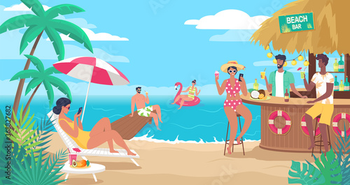 Different young people resting on the summer tropical beach
