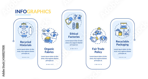Ethical manufacturer vector infographic template. Fair trade presentation design elements. Data visualization with 5 steps. Process timeline chart. Workflow layout with linear icons
