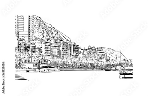 Building view with landmark of Alicante is a port city on Spain’s southeastern Costa Blanca. Hand drawn sketch illustration in vector.
