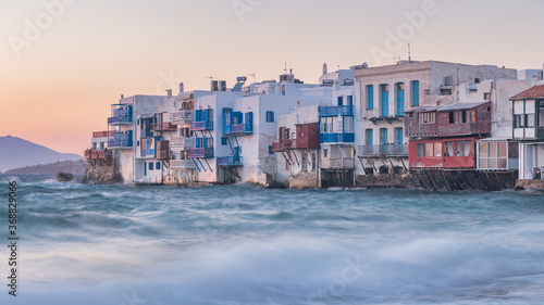 View of the famous pictorial Little Venice bay of Mykonos town in Mykonos island in Greece. Travel concept.
