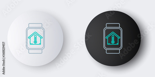 Line Smart watch with house temperature icon isolated on grey background. Thermometer icon. Colorful outline concept. Vector.