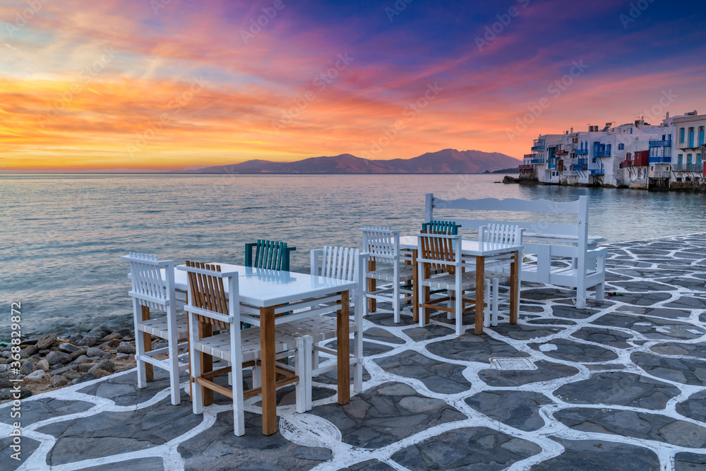 Beautiful sunrise at Little Venice on Mykonos island, Cyclades, Greece. Travel concept.