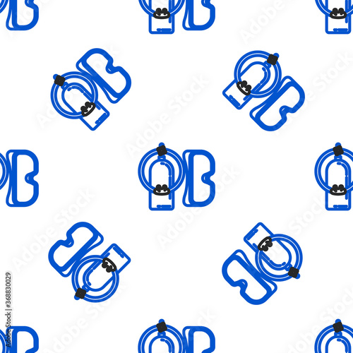 Line Diving mask and aqualung icon isolated seamless pattern on white background. Oxygen tank for diver. Extreme sport. Sport equipment. Colorful outline concept. Vector.