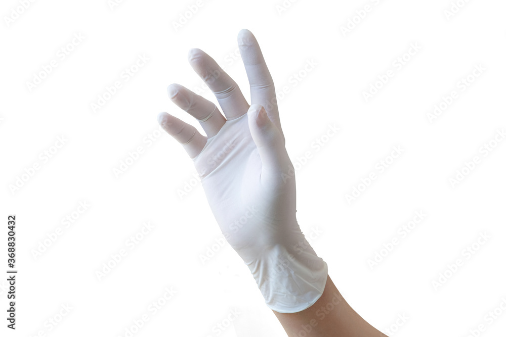 Hand wearing rubber glove on white background Hand wearing rubber glove on white background