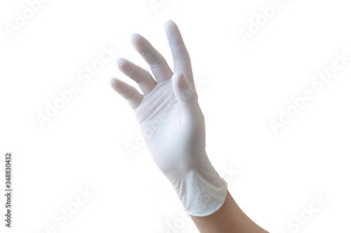 Hand wearing rubber glove on white background © thaporn942