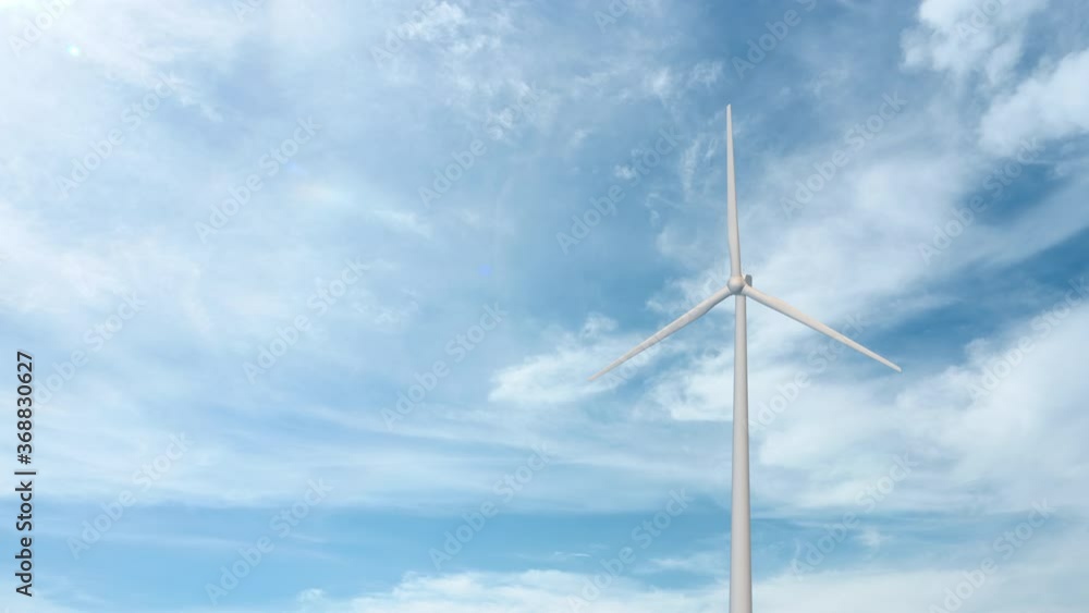 Natural energy Wind turbine 3D Animation on sky background with Copy Space. Concept Green energy, renewable energy and environment Natural energy Wind turbine 3D Animation on sky background with Copy Space. Concept Green energy, renewable energy and environment