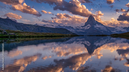 Matterhorn and reflection on the water surface at the morning time. Matterhorn, Switzerland. Beautiful natural landscape in the Switzerland