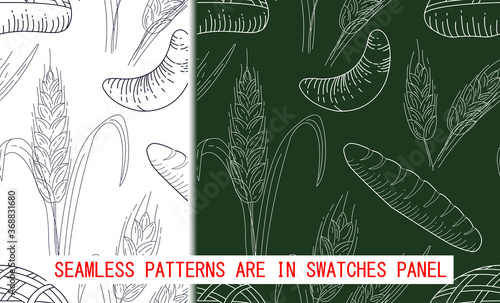 Seamless pattern Bunch of wheat, cereal, rye, barley and bread. Harvest, agriculture or bakery theme. Spikelets of wheat, croissant, baguette. Vector hand drawn pattern illustration 