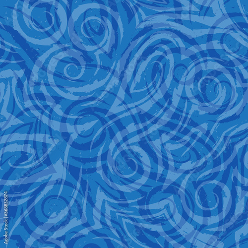 Vector seamless blue pattern of abstract shapes and splashes. on a sea background for decor. Texture for curtains fabrics or wrapping paper. Spiral waves bends and loops.