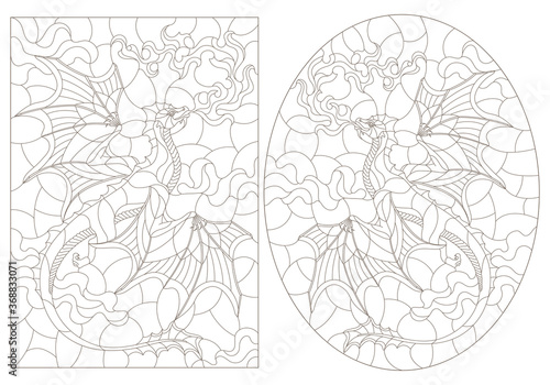 Set of contour illustrations in stained glass style with flying dragons on the background of cloudy sky, dark contours on a white background