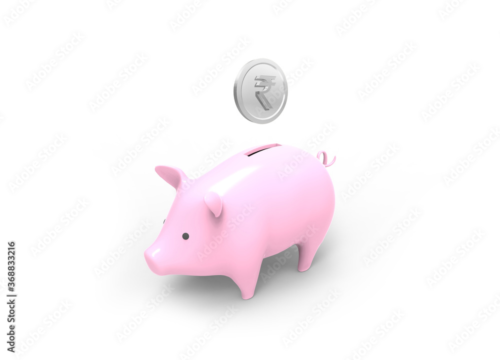 Obraz premium Piggy bank savings with Indian rupee silver coin