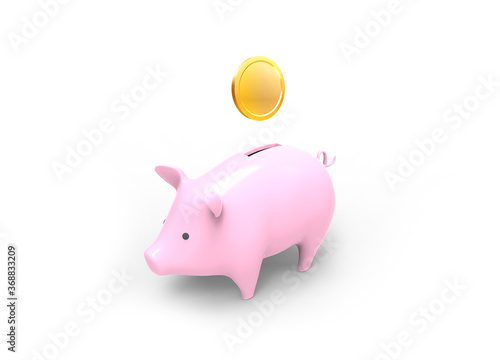 3D rendered image of Piggy bank savings with gold coin